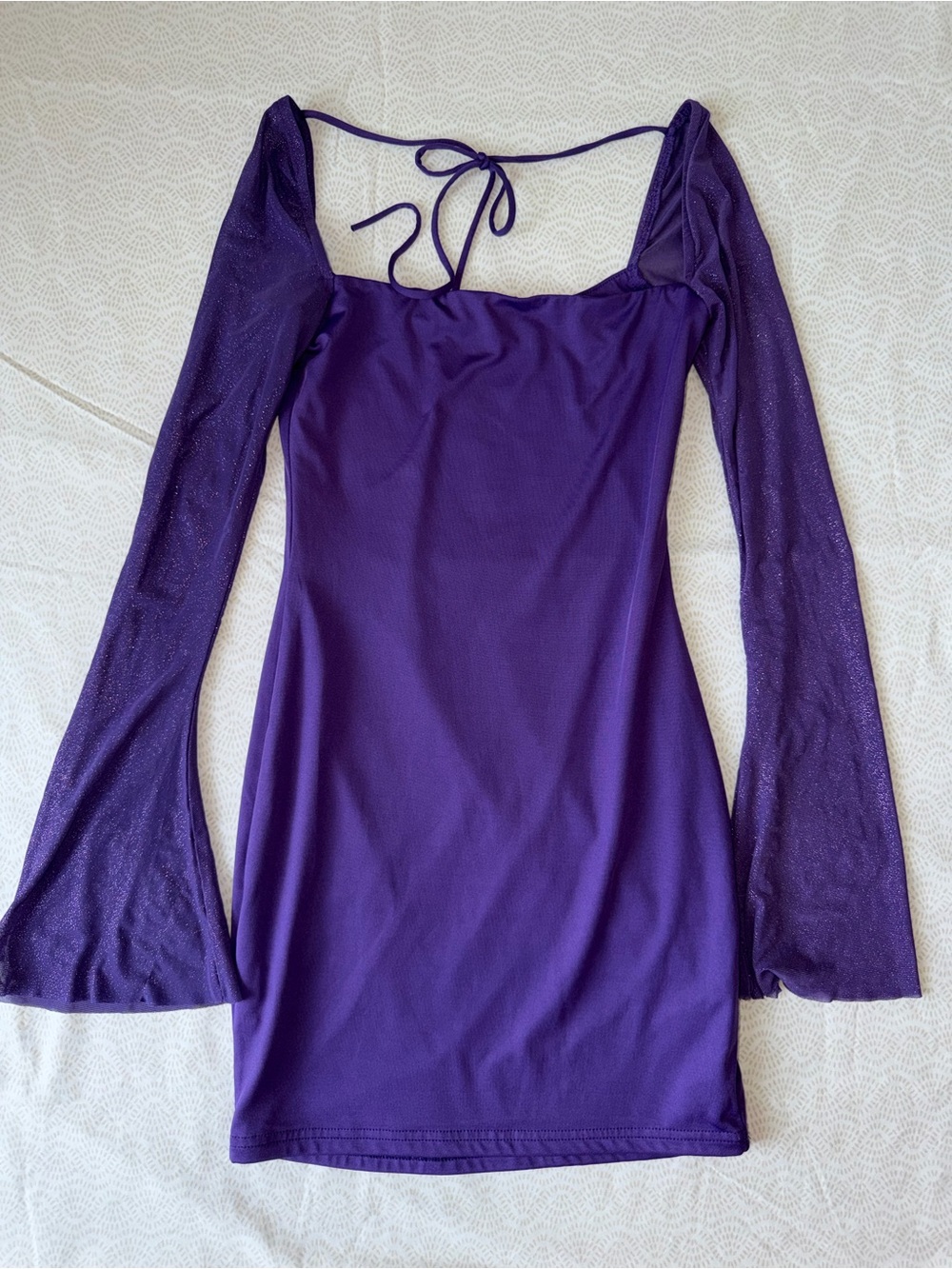 Lucy in the Sky Purple Long Sleeve Mini Dress with Sheer Bell Sleeves